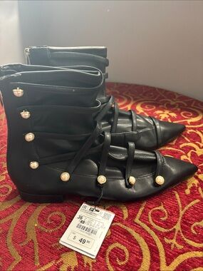 Zara Black Pointed Lace-Up Ankle Boots with Pearl Buttons